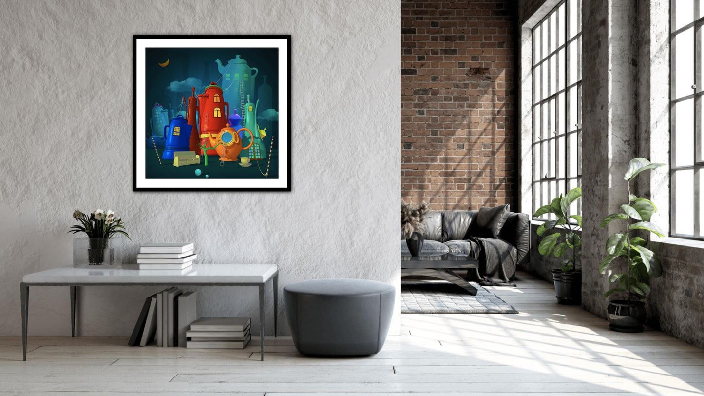Printable Wall Art Surreal Teapots Town Instant Download for Minimalist Home or Calm Room Decor