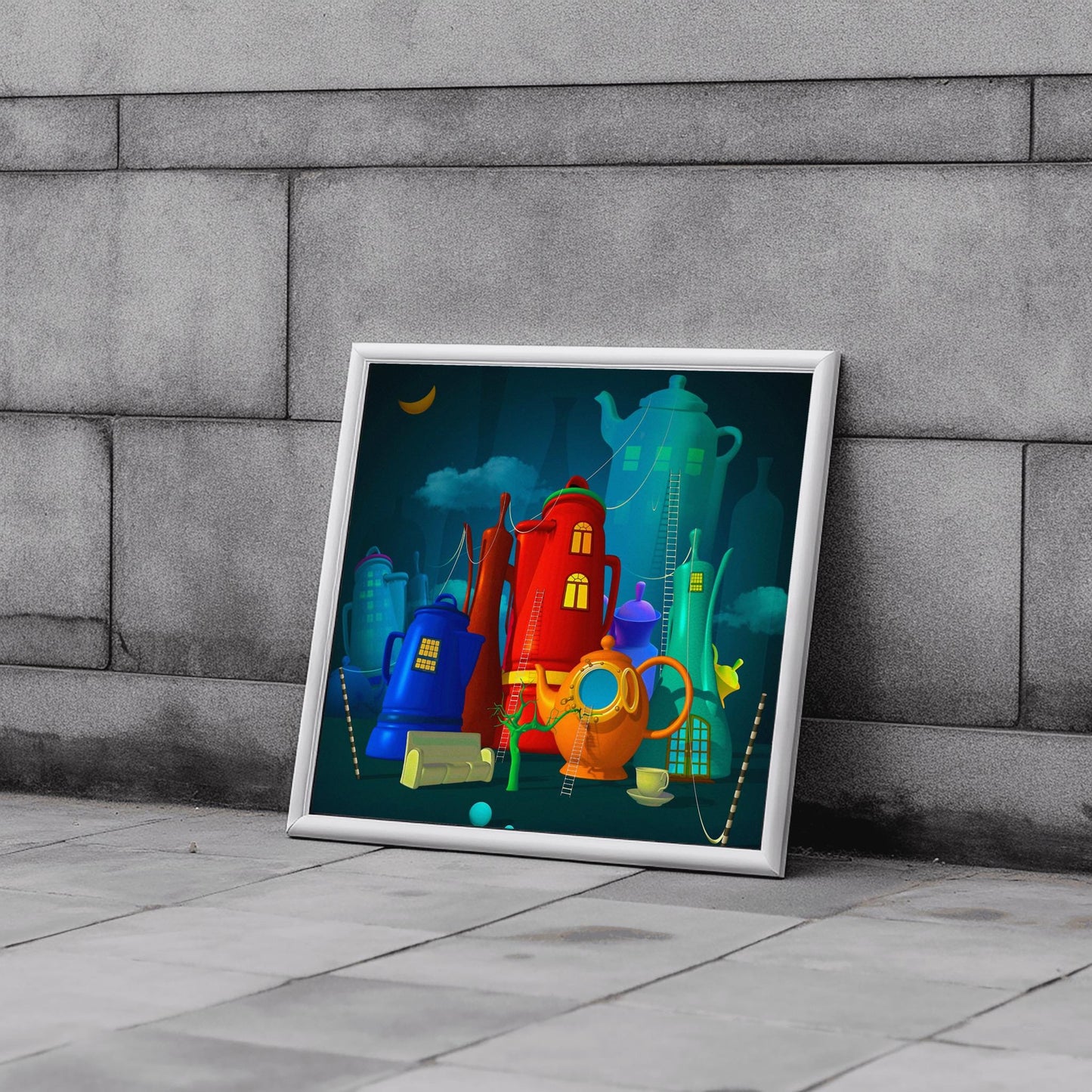 Printable Wall Art Surreal Teapots Town Instant Download for Minimalist Home or Calm Room Decor