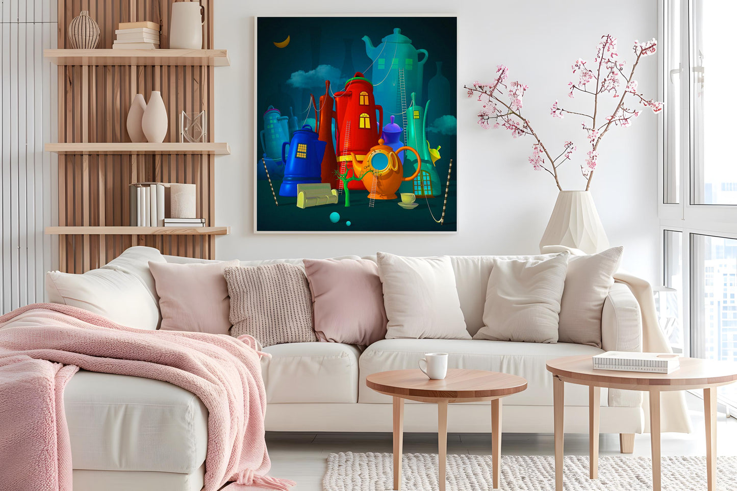 Printable Wall Art Surreal Teapots Town Instant Download for Minimalist Home or Calm Room Decor