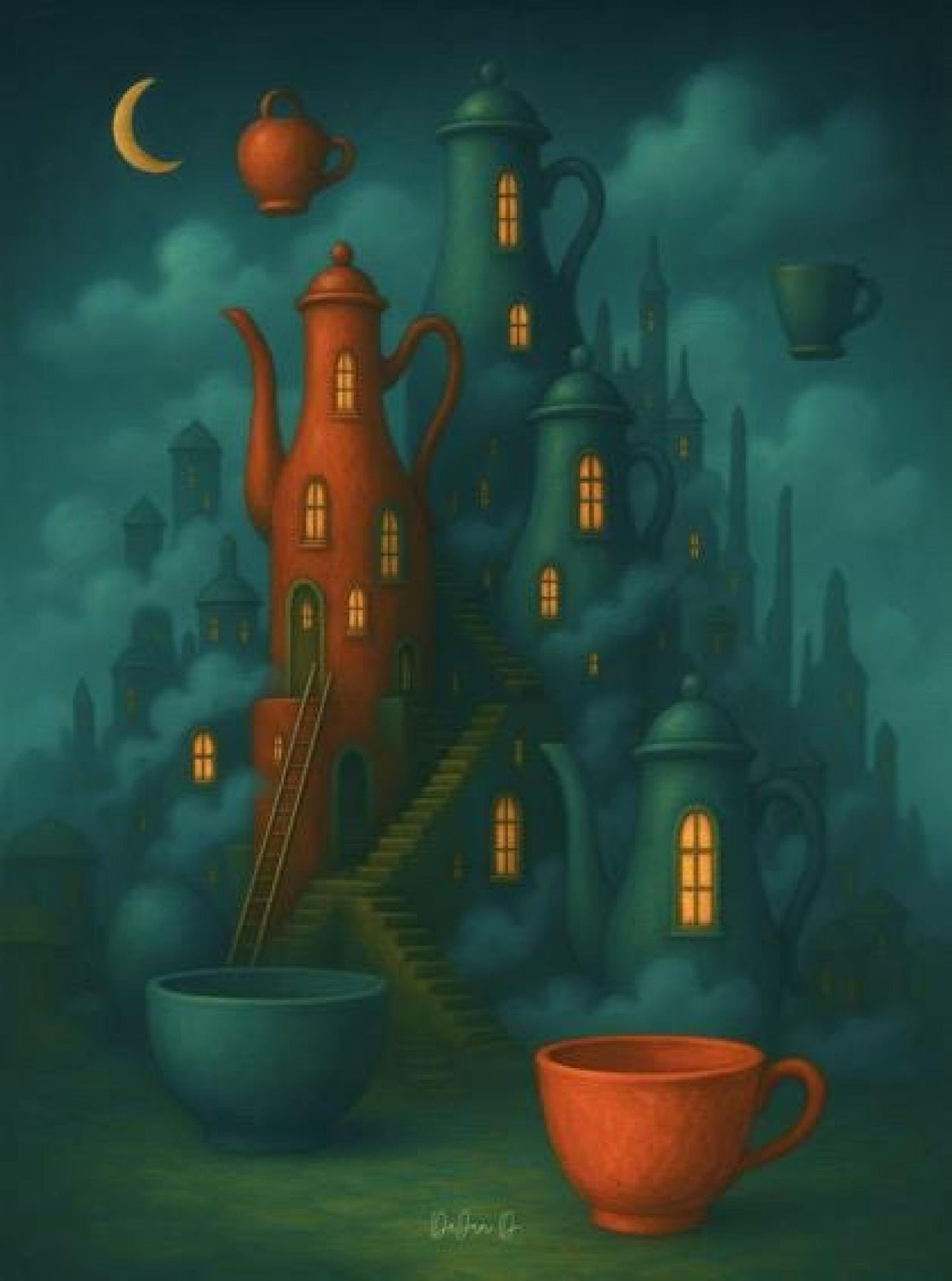Teapots Village, Digital Wall Art – Instant Download, Printable Nature Poster, Minimalist Home Decor