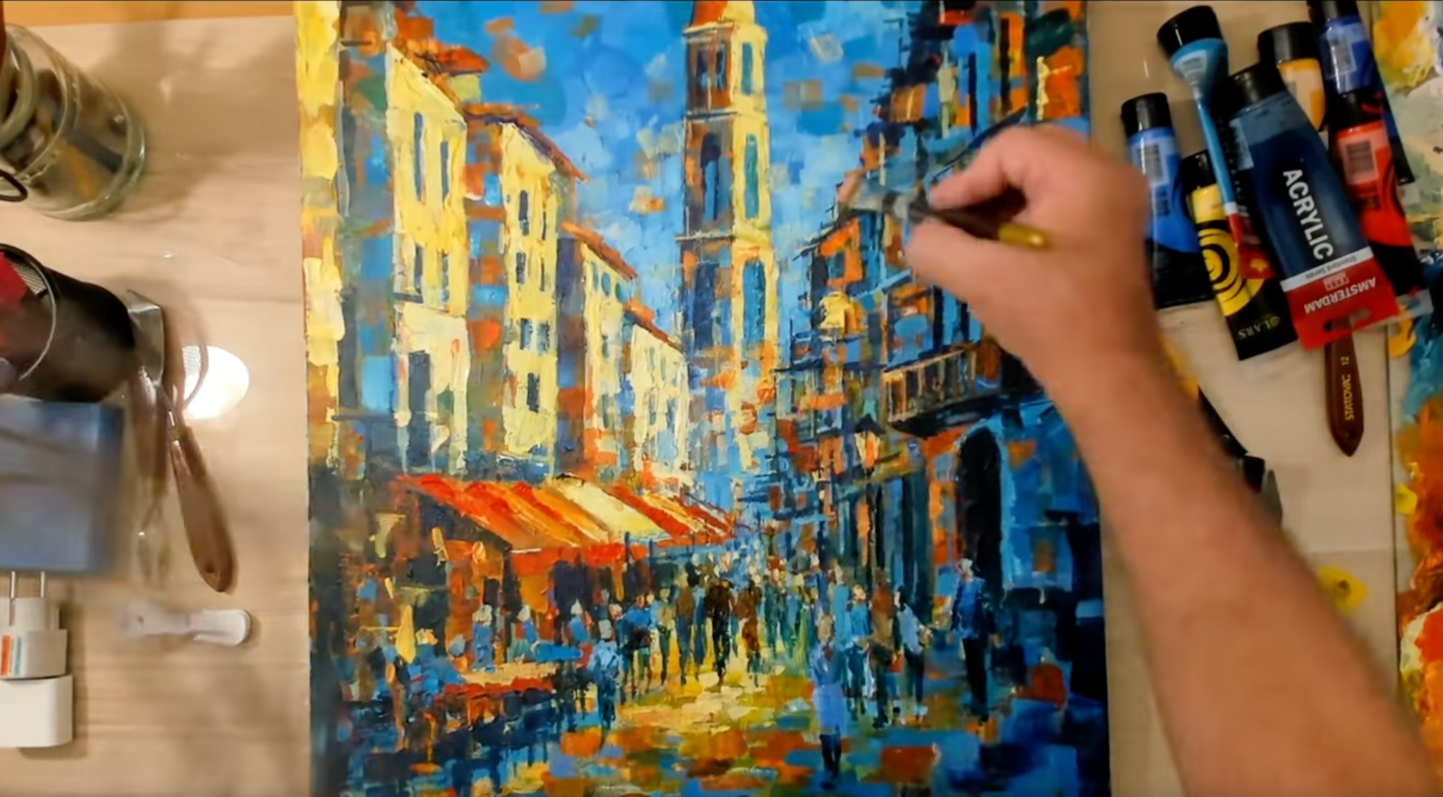 Load video: Time-lapse video showing the painting process of an Alicante cityscape artwork created with acrylic technique on canvas