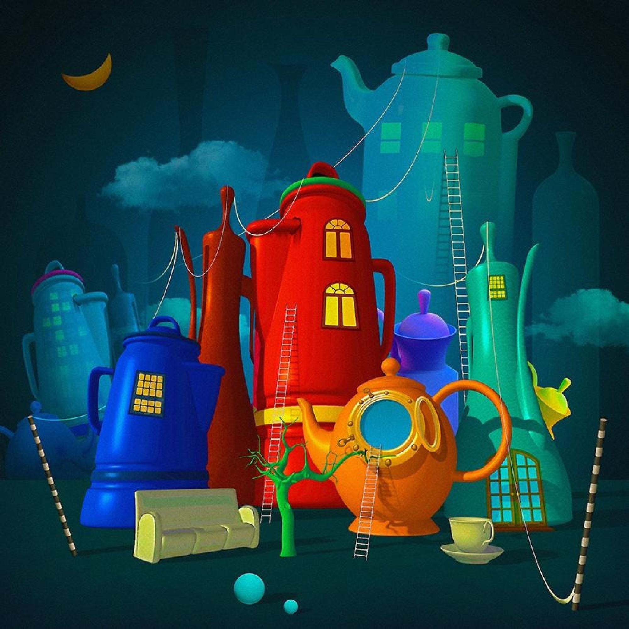 Printable Wall Art Surreal Teapots Town Instant Download for Minimalist Home or Calm Room Decor