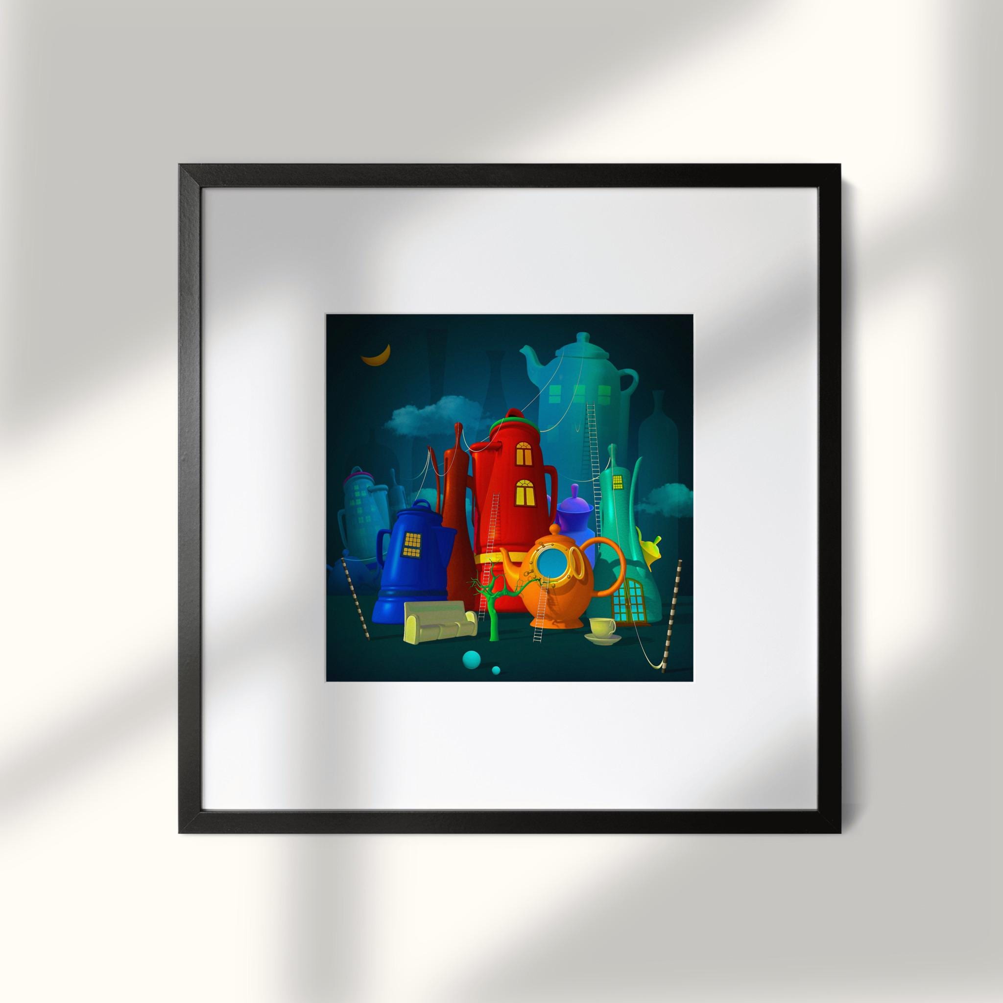 Printable Wall Art Surreal Teapots Town Instant Download for Minimalist Home or Calm Room Decor
